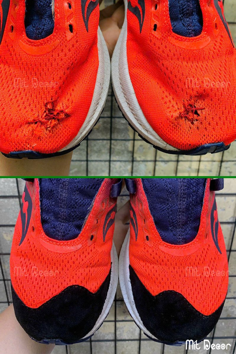 Thợ sửa giày khâu may mũi giày thể thao bị rách