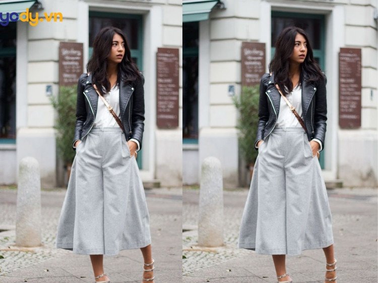 Áo croptop, quần culottes và giày sục nữ