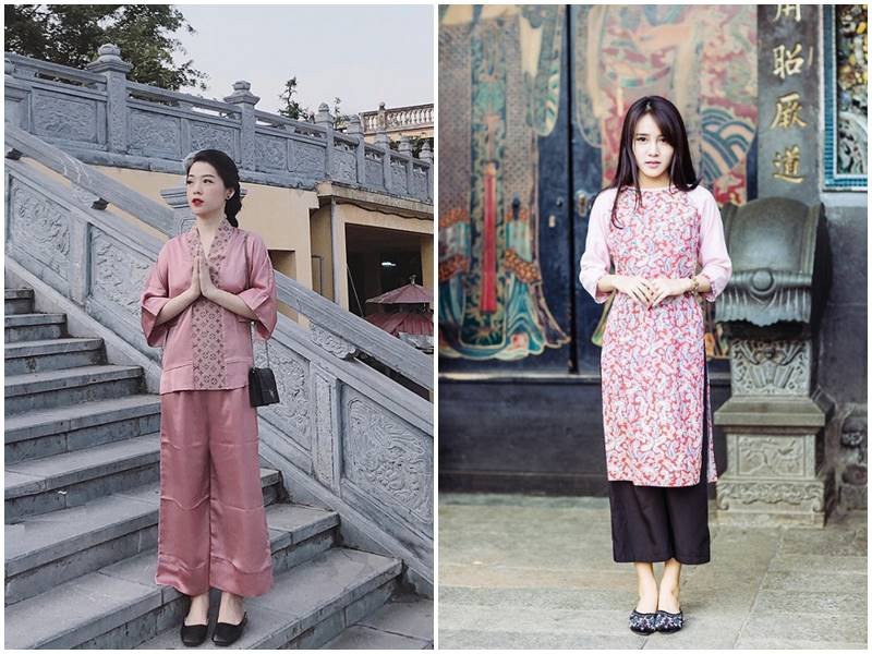 Áo dài mang giày đế bệt khi đi lễ chùa