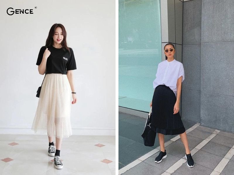 Áo phông, chân váy và giày sneaker đen nữ tạo vẻ ngoài năng động