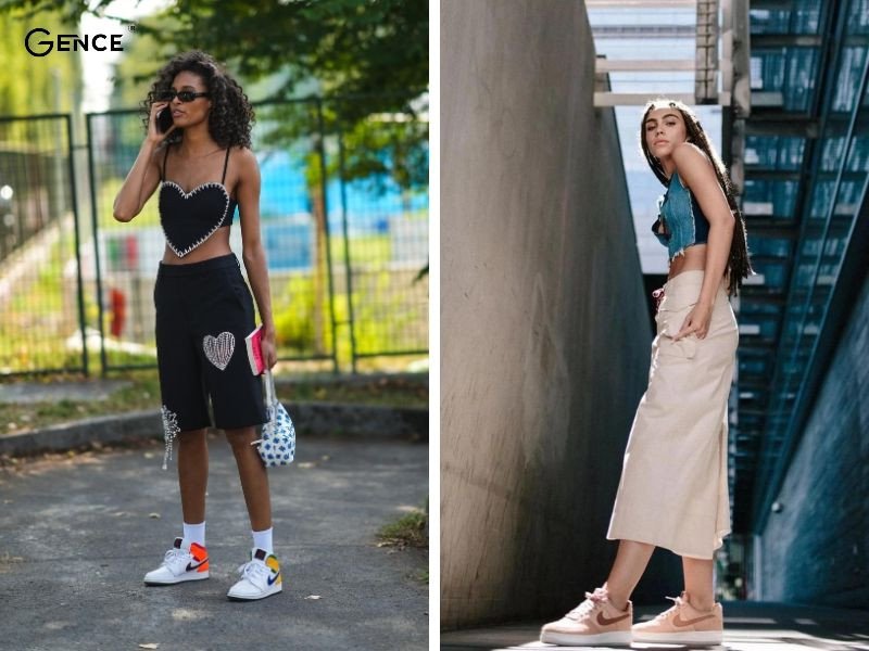 Áo sát nách croptop, chân váy và giày Jordan nữ cá tính