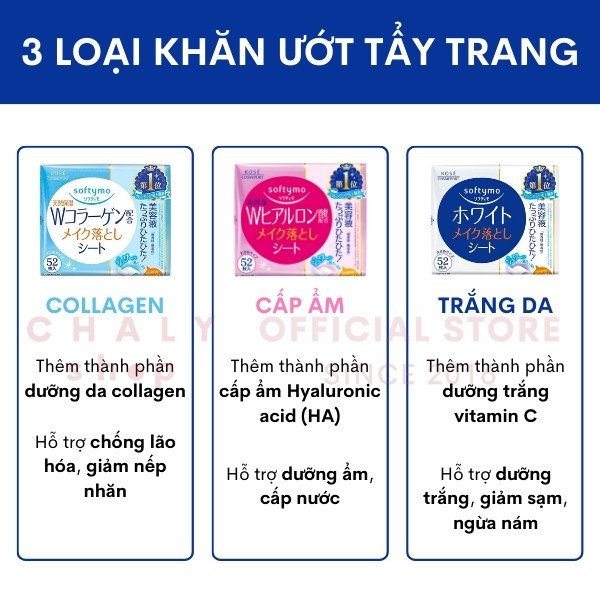 Ba loại giấy tẩy trang Kose Softymo của Nhật với các công dụng dưỡng ẩm, trắng da và chống lão hóa