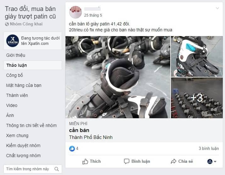 Bài đăng rao bán giày trượt patin cũ từ thành viên cộng đồng TPHCM
