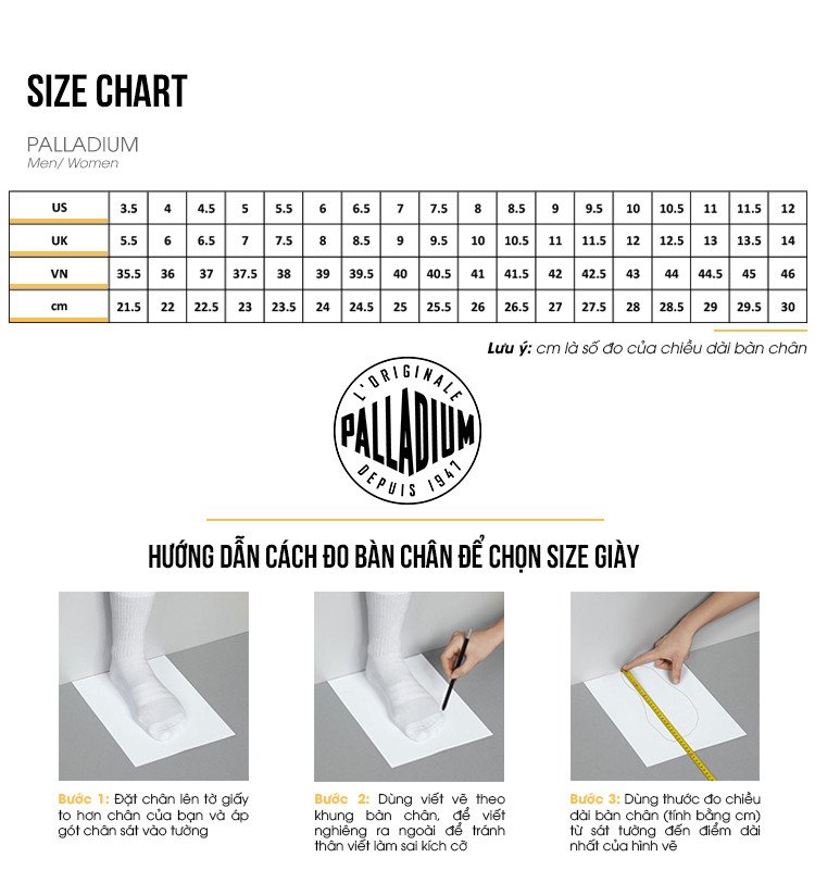 Bảng chọn size giày Palladium classic nam và nữ