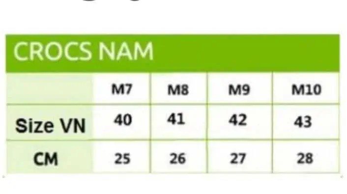Bảng cỡ size quốc tế giày Crocs nam chính xác