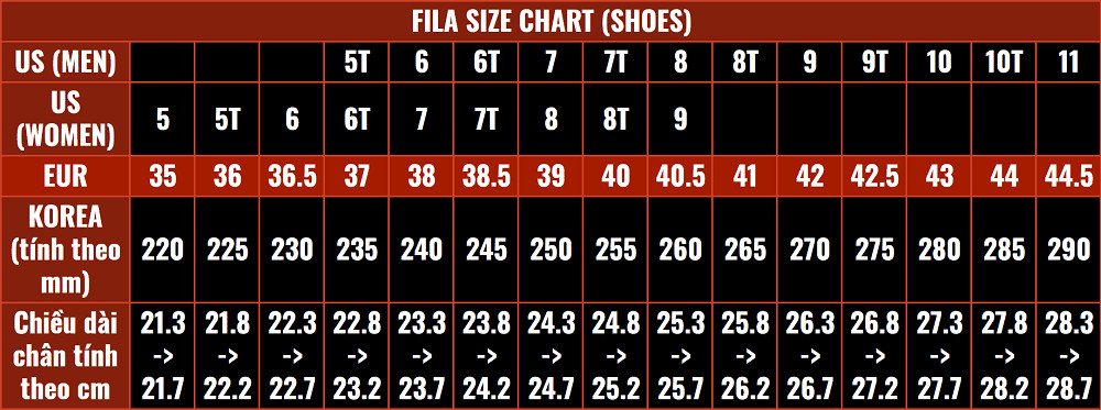 Bảng cỡ size quốc tế giày Fila nữ theo các hệ thống