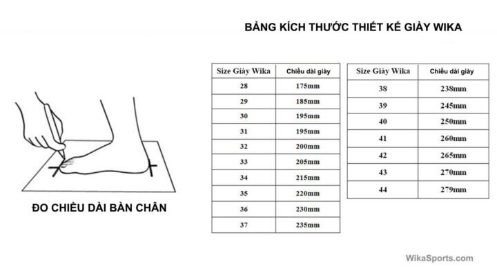 Bảng hướng dẫn chọn size giày bóng đá màu hồng Wika QH19 NEO chuẩn xác