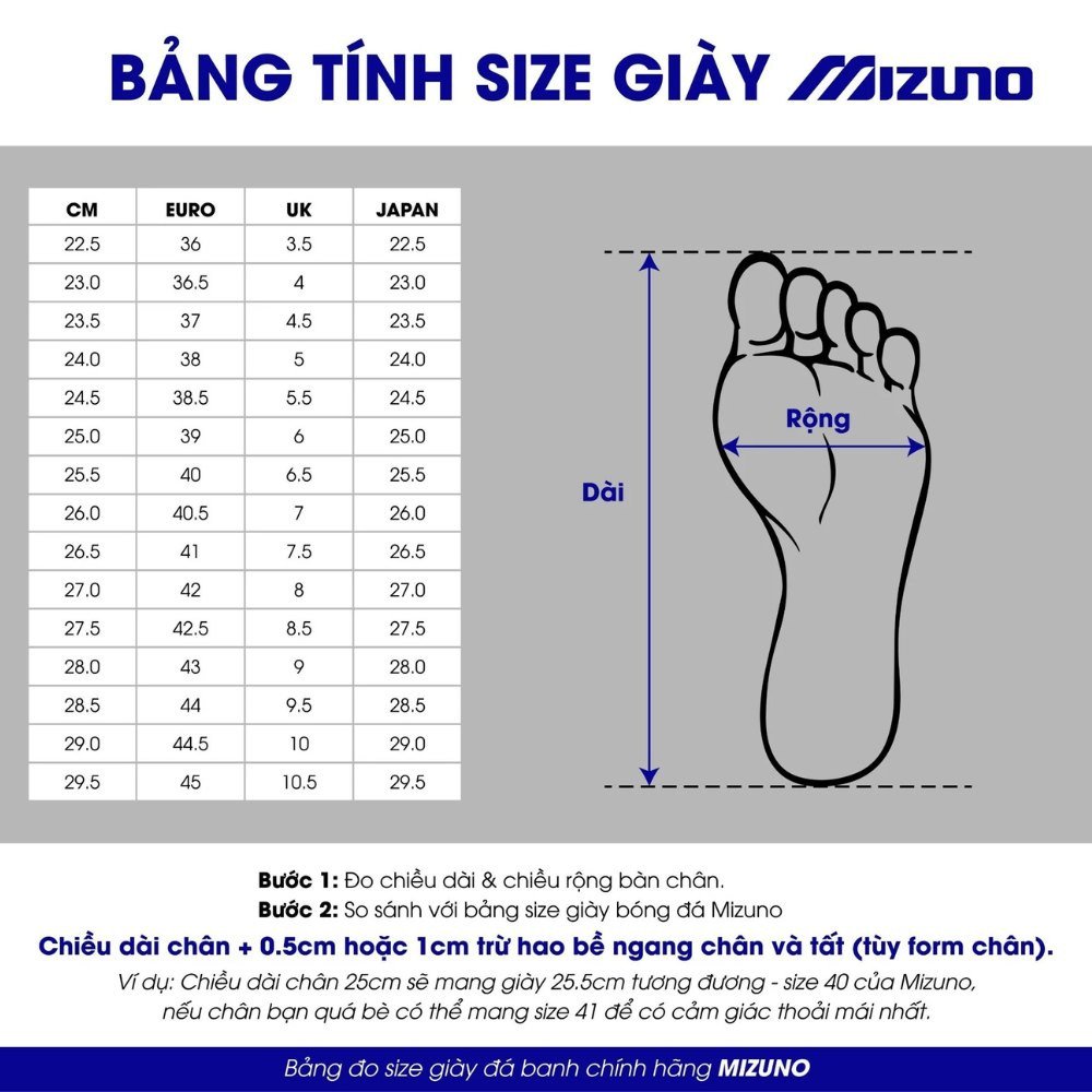 Bảng hướng dẫn chọn size giày bóng đá Mizuno sân cỏ tự nhiên chuẩn xác