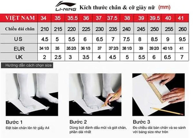 Bảng hướng dẫn chọn size giày cầu lông nữ Li-Ning