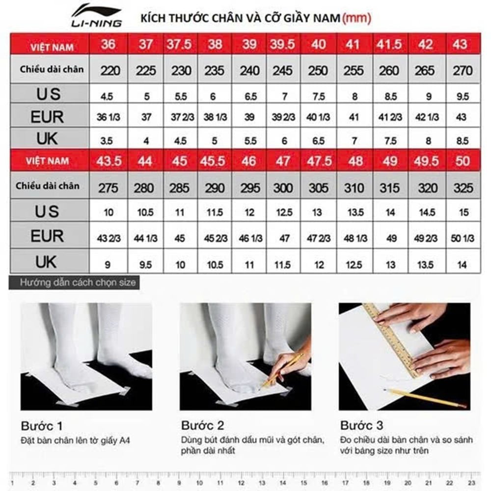 Bảng hướng dẫn chọn size giày đá bóng Li-Ning dành cho nam giới