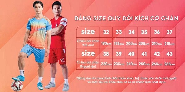 Bảng hướng dẫn chọn size giày đá bóng Wika Quang Hải