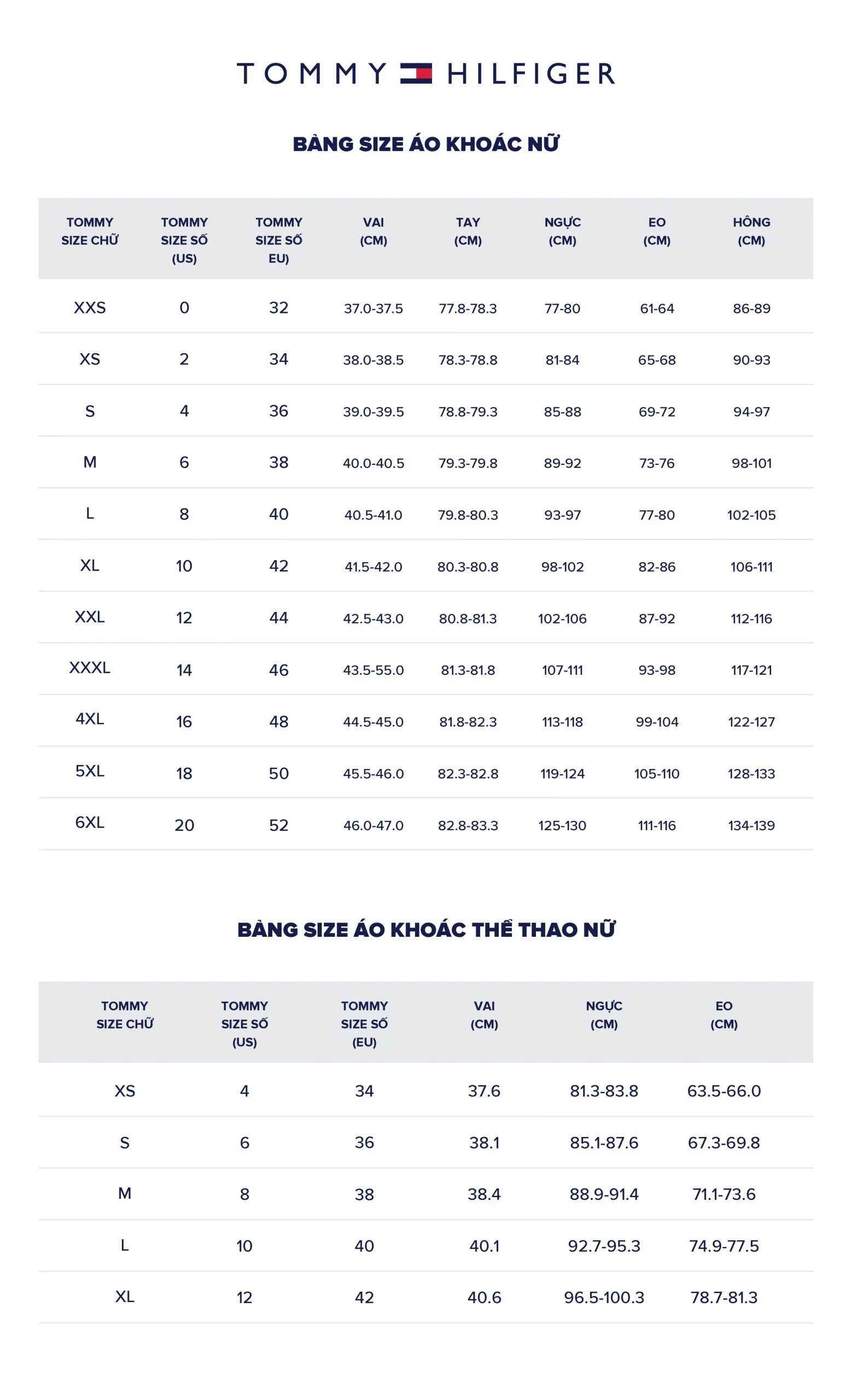 Bảng kích cỡ áo khoác nữ Tommy Hilfiger để chọn size chuẩn