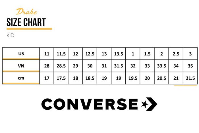 Bảng kích thước size giày Converse dành cho trẻ em theo độ tuổi