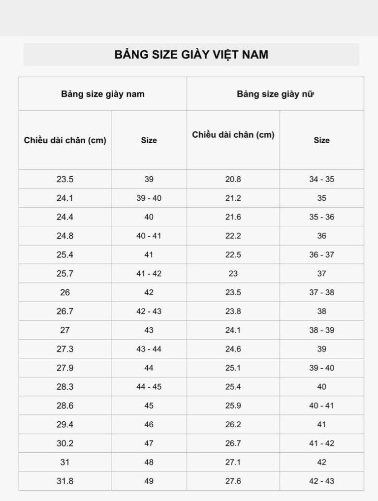 Bảng quy chuẩn size giày cho nam và nữ, hỗ trợ xác định chân 24cm mang giày size bao nhiêu