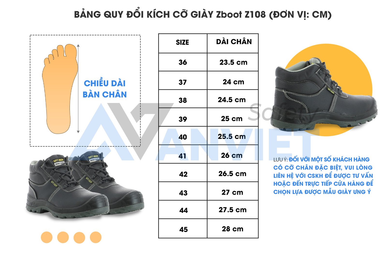 Bảng quy đổi kích cỡ chi tiết giúp chọn đúng size giày bảo hộ lao động mũi sắt