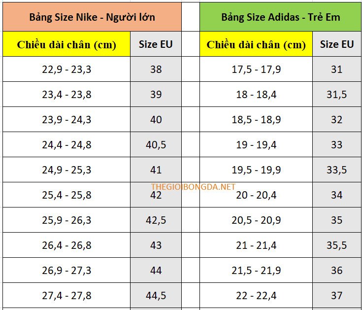 Bảng quy đổi kích cỡ giày bóng đá của các thương hiệu phổ biến như Nike, Adidas, Mizuno