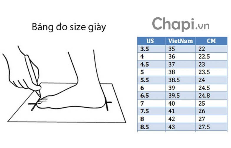 Bảng quy đổi kích thước bàn chân sang size giày quốc tế US, UK, EU và JP