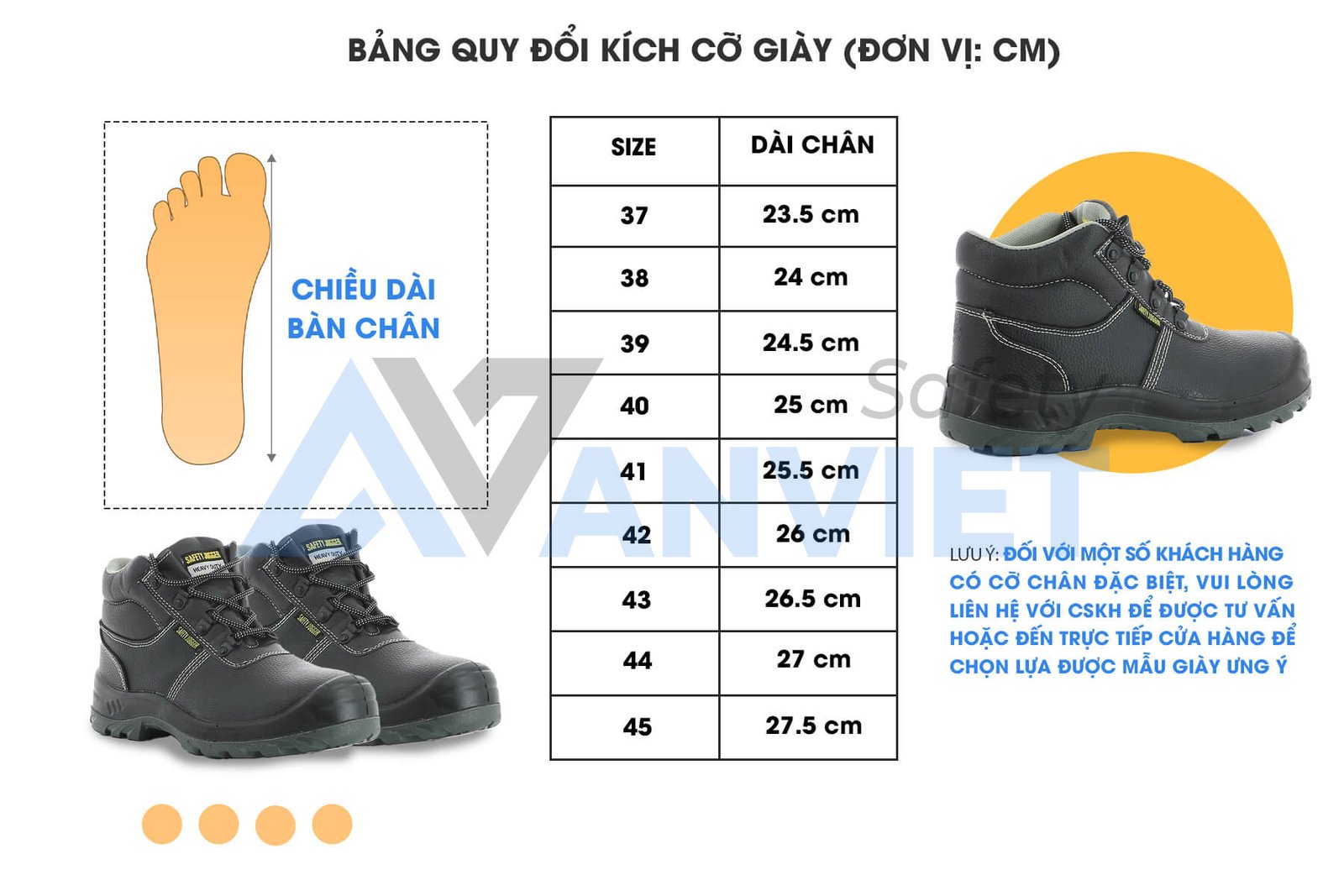 Bảng quy đổi kích thước giày bảo hộ da bò