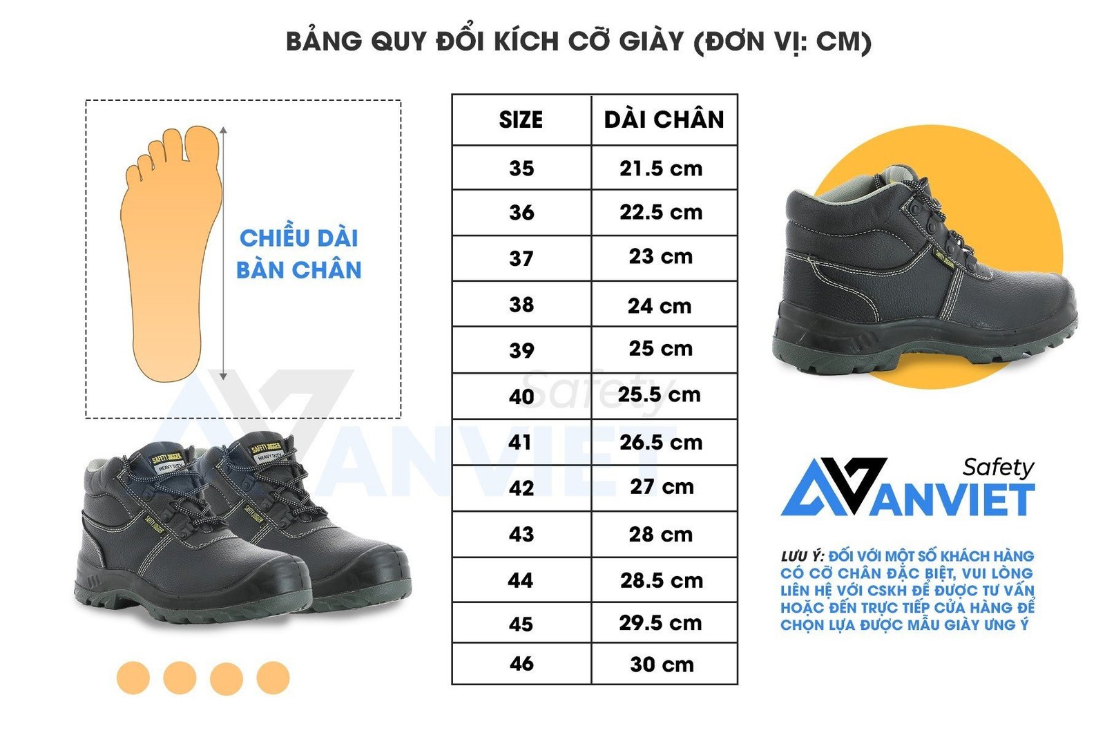 Bảng quy đổi kích thước giày bảo hộ jogger cổ cao chi tiết giúp người dùng chọn đúng size.