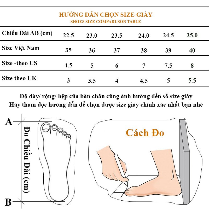 Bảng quy đổi kích thước giày thể thao nữ chuẩn quốc tế.