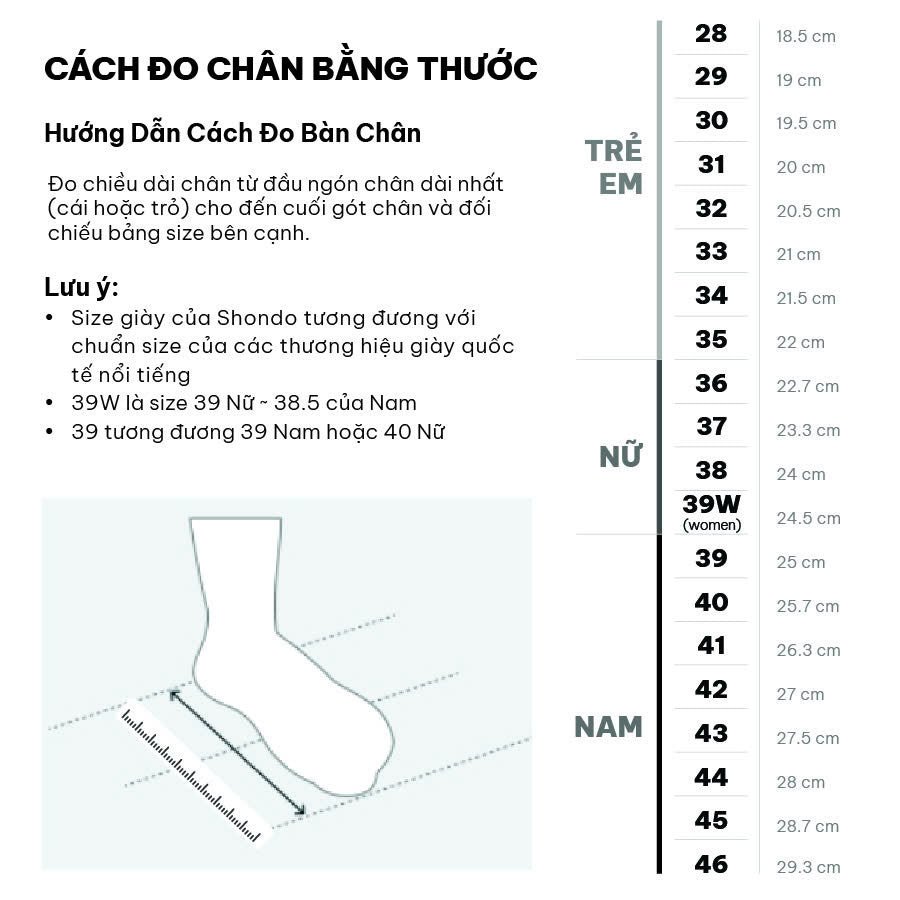 Bảng quy đổi size dép Shondo giúp người dùng chân size 42 dễ dàng lựa chọn