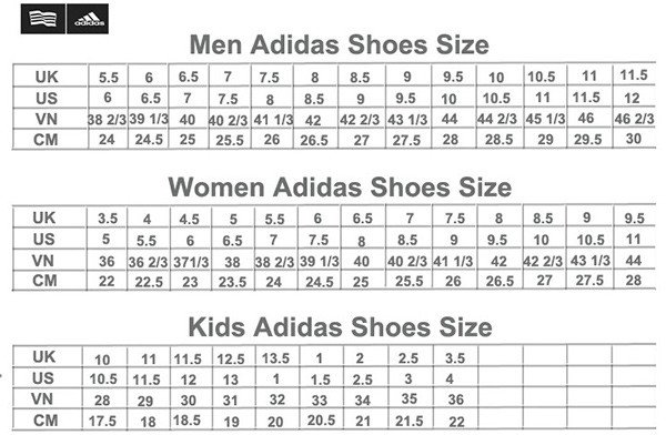 Bảng quy đổi size giày Adidas chi tiết dành cho nữ giới, bao gồm chuẩn UK
