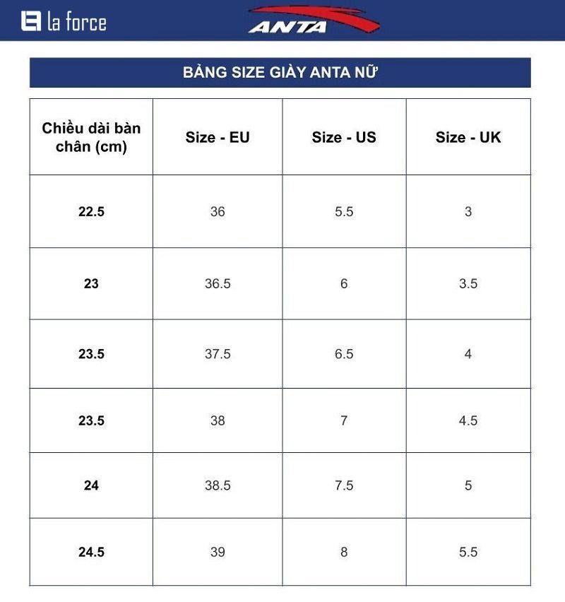 Bảng quy đổi size giày Anta nữ chi tiết, giúp phái đẹp chọn được cỡ giày chuẩn xác nhất