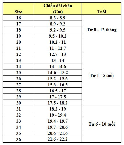 Bảng quy đổi size giày chuẩn cho bé theo tiêu chuẩn Việt Nam và giày Quảng Châu