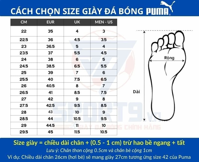Bảng quy đổi size giày đá bóng Puma chi tiết theo chiều dài chân