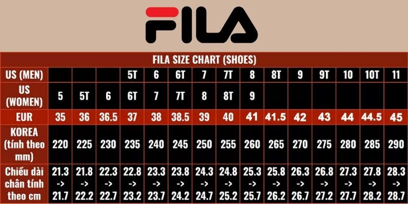 Bảng quy đổi size giày Fila với các số đo quốc tế