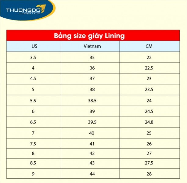 Bảng quy đổi size giày Lining