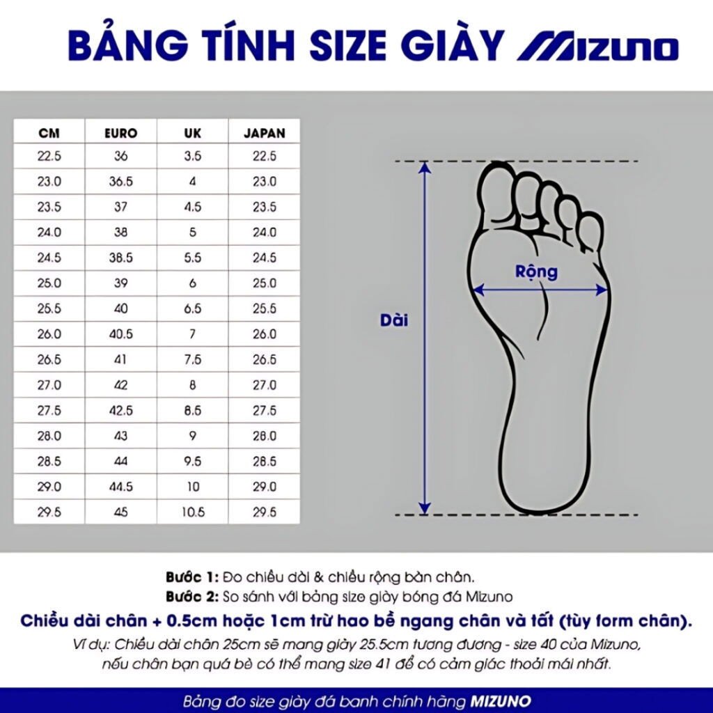 Bảng quy đổi size giày Mizuno cầu lông chính hãng, hỗ trợ chọn kích cỡ phù hợp.