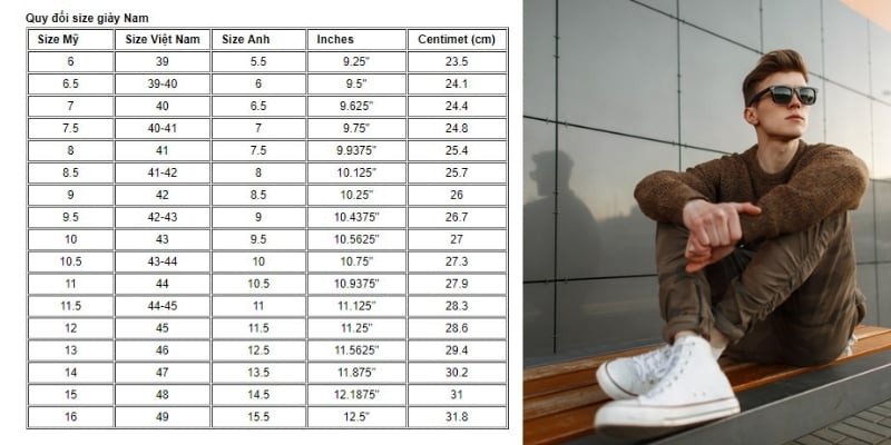 Bảng quy đổi size giày nam chuẩn quốc tế, đảm bảo sự vừa vặn