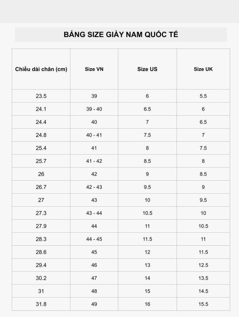 Bảng quy đổi size giày nam với các cột chiều dài chân, size EU, US, UK và JP