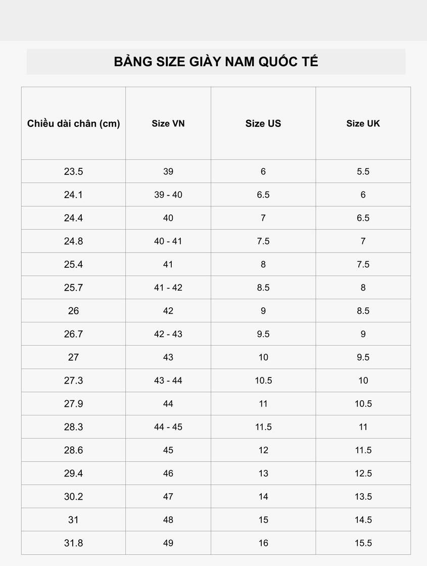 Bảng quy đổi size giày native nam quốc tế