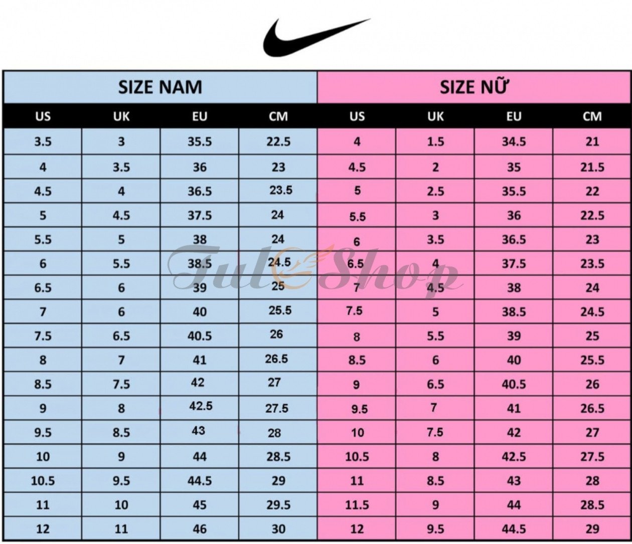 Bảng quy đổi size giày Nike theo các tiêu chuẩn quốc tế