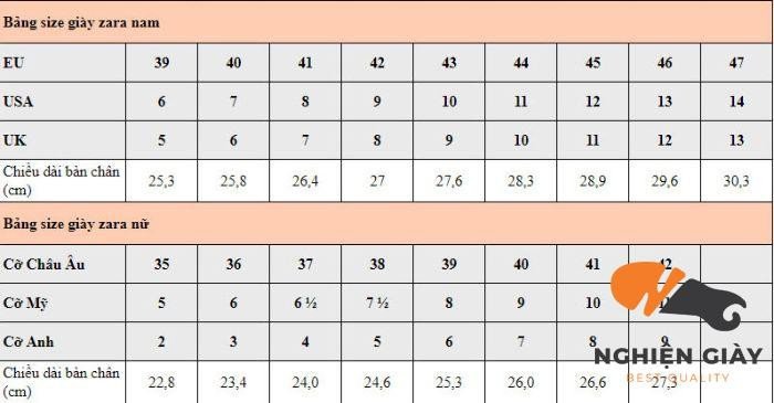Bảng quy đổi size giày thể thao Zara nữ theo chuẩn quốc tế