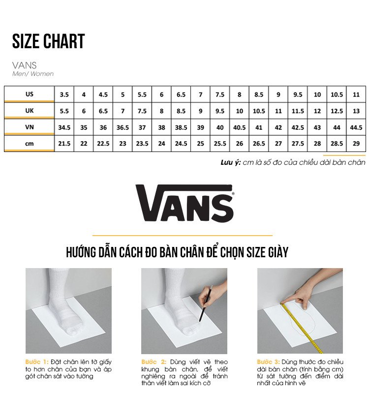 Bảng quy đổi size giày Vans nam theo cm, US, UK, EU