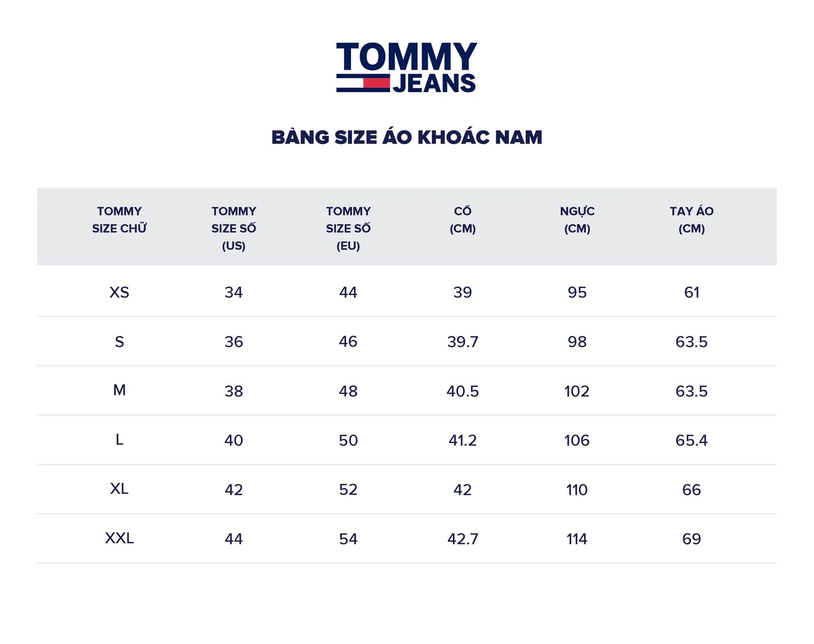 Bảng size áo khoác nam Tommy Hilfiger chuẩn quốc tế