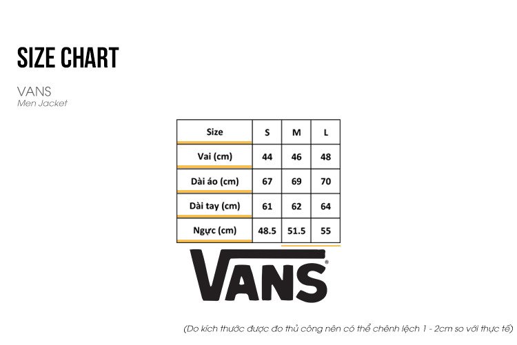 Bảng size áo khoác Vans đầy đủ