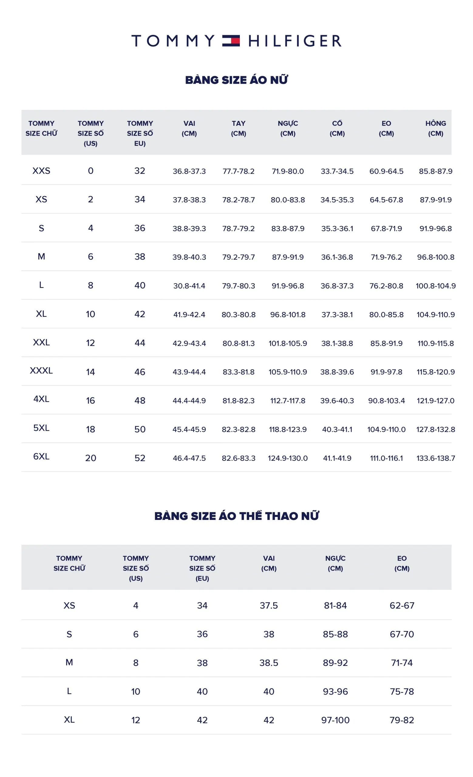 Bảng size áo sơ mi, áo thun nữ Tommy Hilfiger chuẩn quốc tế