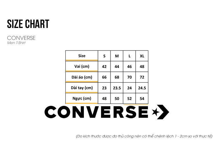 Bảng size áo thun nam Converse theo chiều cao và cân nặng