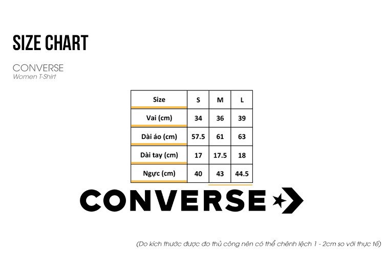 Bảng size áo thun nữ Converse theo số đo cơ thể