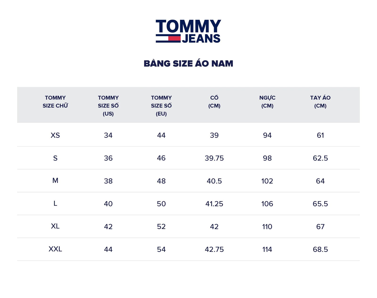 Bảng size áo thun, sơ mi nam Tommy Hilfiger chuẩn quốc tế