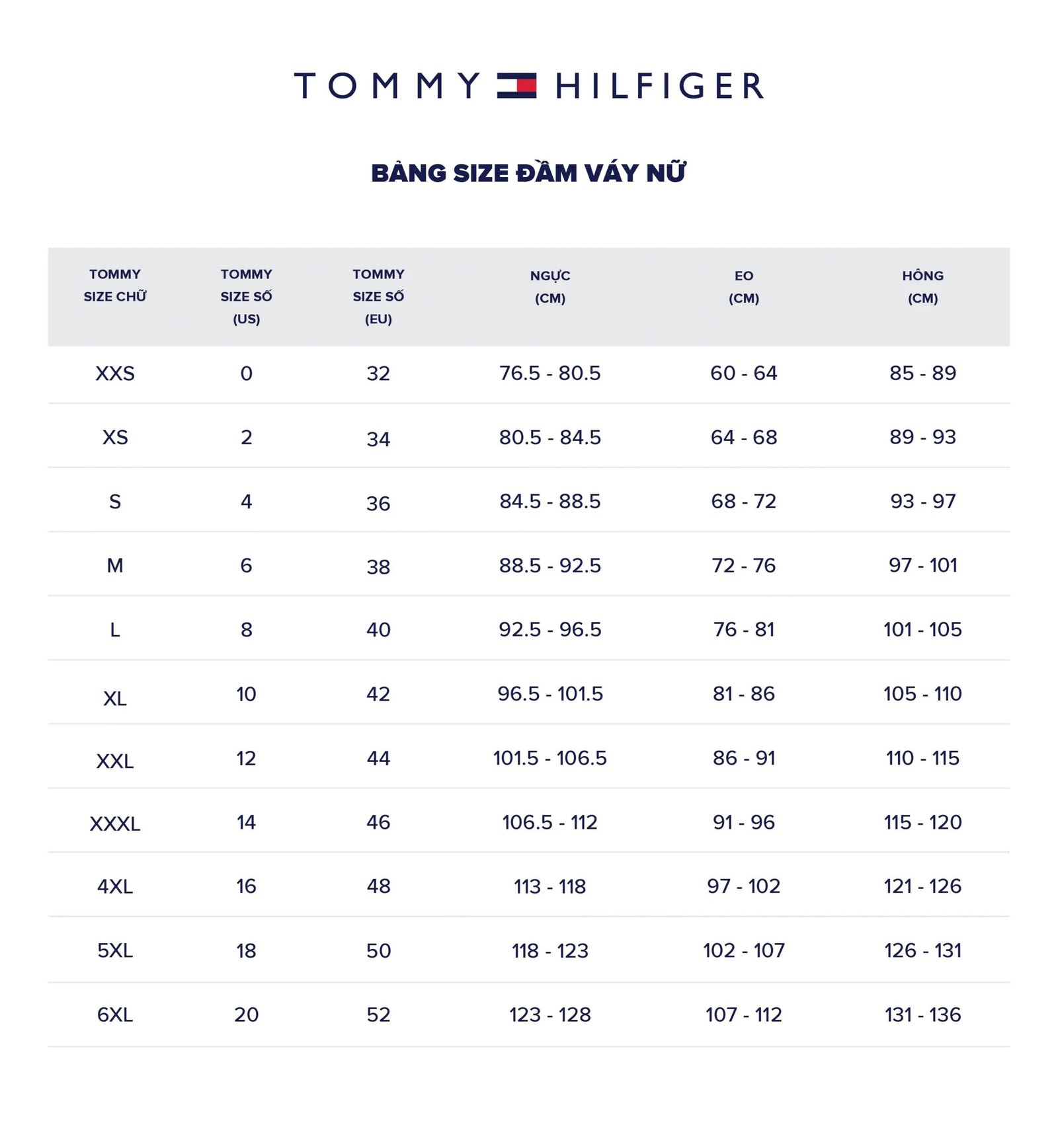 Bảng size đầm váy nữ Tommy Hilfiger chuẩn quốc tế