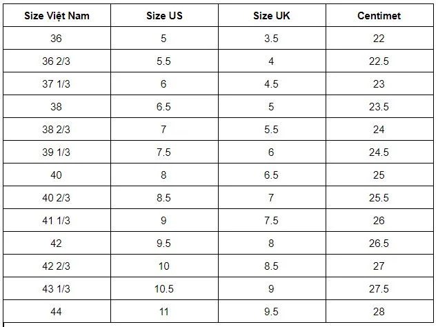 Bảng size giày Adidas cho nam, với các cột US, UK, EU và JP (cm)
