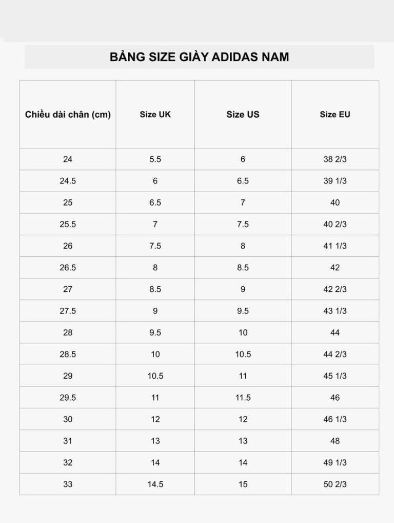 Bảng size giày Adidas dành cho nam, giúp so sánh kích thước với chân nữ 24cm.