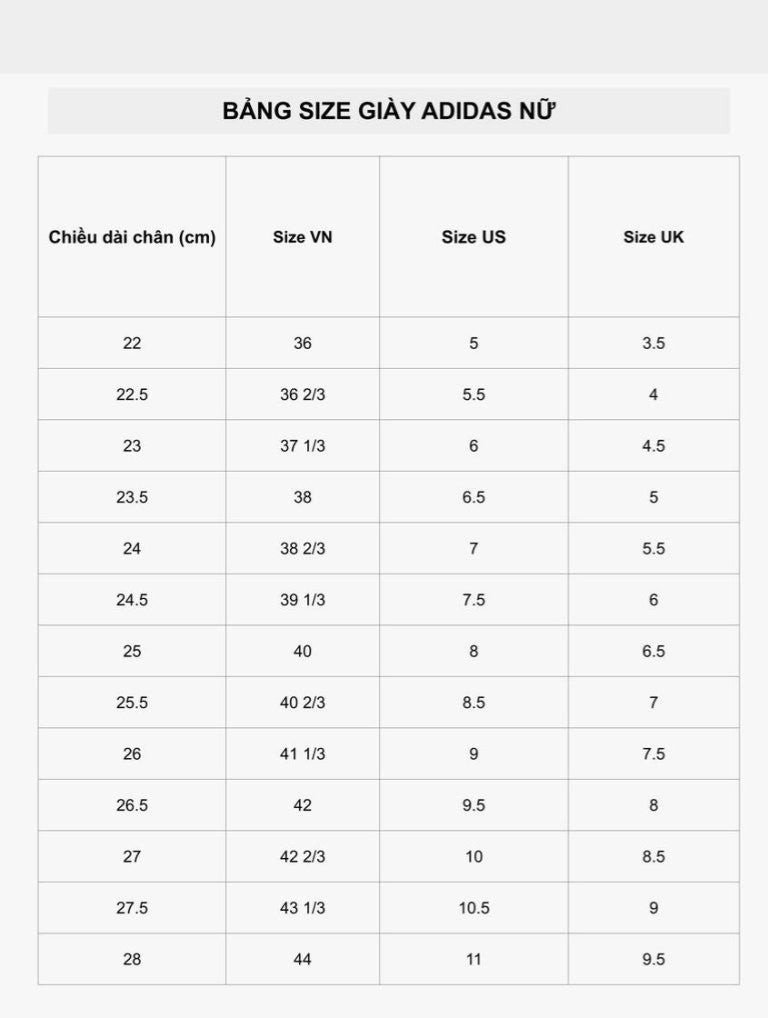 Bảng size giày Adidas dành cho nữ, cung cấp thông tin chi tiết để chọn size giày chuẩn cho chân dài 24cm