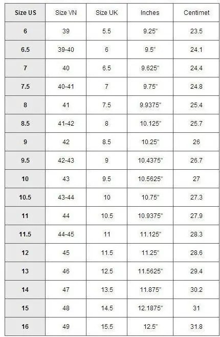 Bảng size giày Adidas nam chi tiết