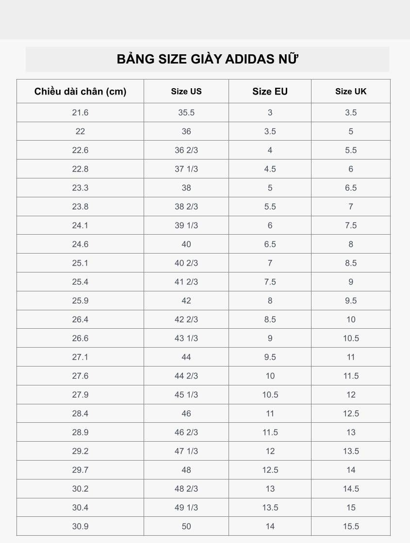 Bảng size giày Adidas nữ giúp chọn size cho chân 23cm